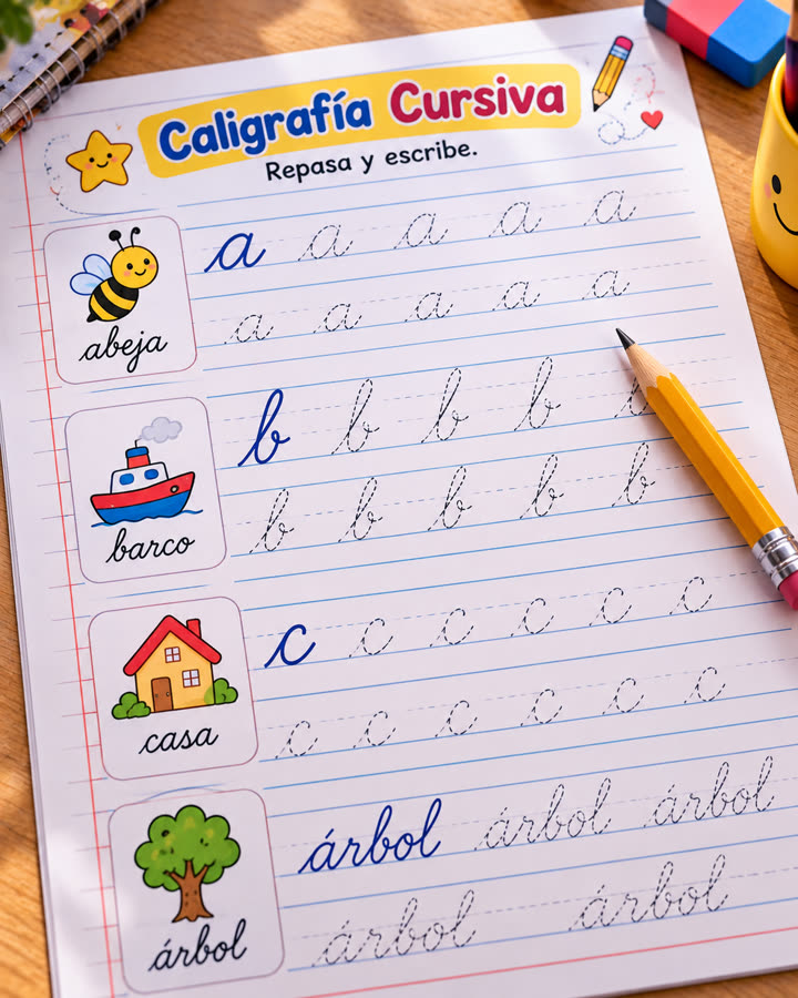 Hoja de caligrafía cursiva con letras a, b, c y la palabra árbol para repasar