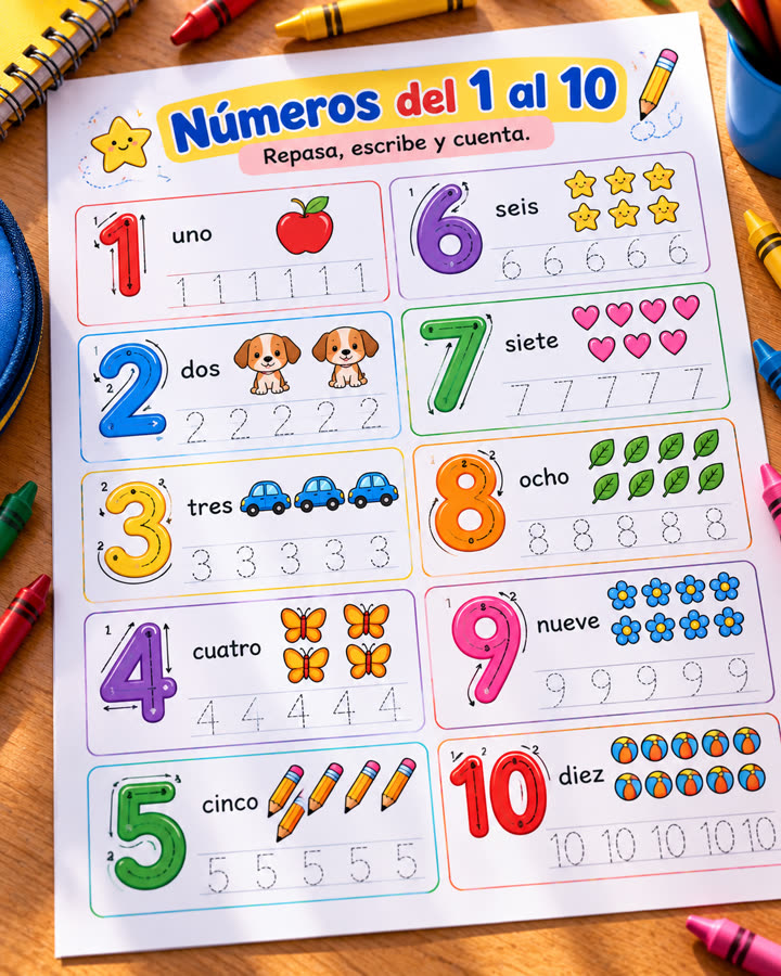 Hoja de números del 1 al 10 con flechas de trazo y dibujos para contar