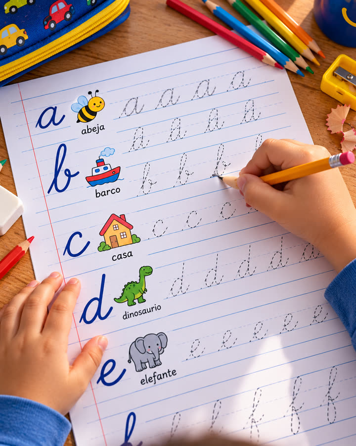 Manos de un niño repasando letras cursivas con lápiz