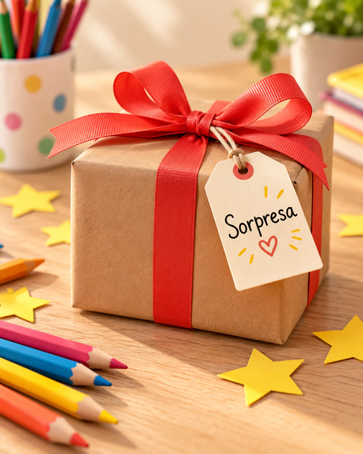Caja de regalo envuelta en papel kraft con lazo rojo y etiqueta Sorpresa
