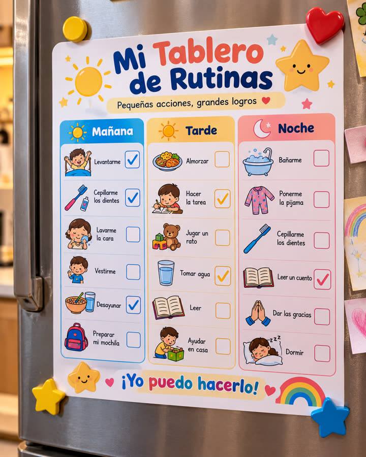 Tablero de rutinas con columnas Mañana, Tarde y Noche pegado en un refrigerador
