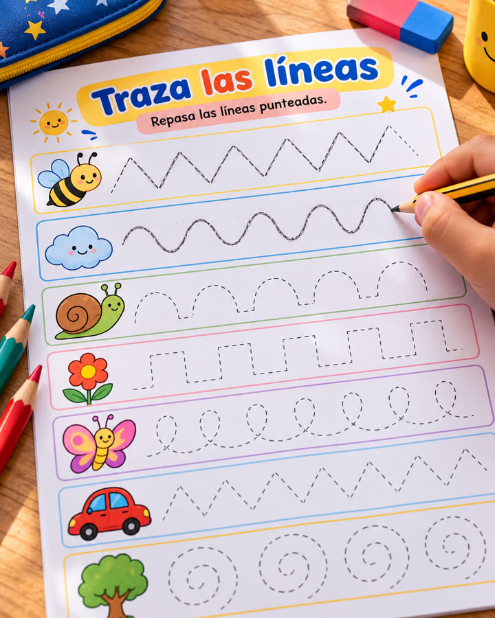 Hoja de trazo fino con líneas punteadas en zigzag, ondas y espirales