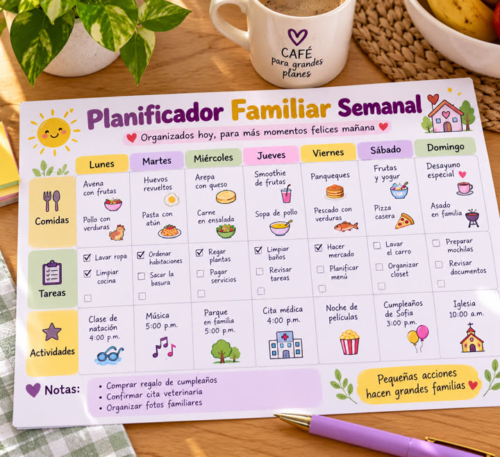 Planificador familiar semanal con comidas, tareas y actividades