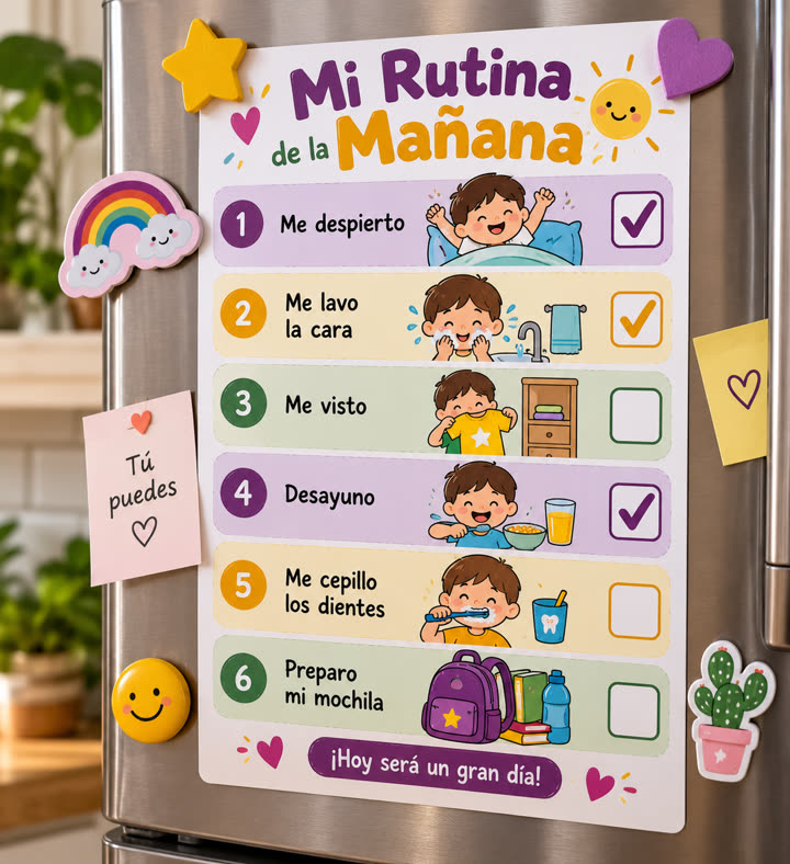 Rutina visual de la mañana pegada en el refrigerador con pasos ilustrados y casillas