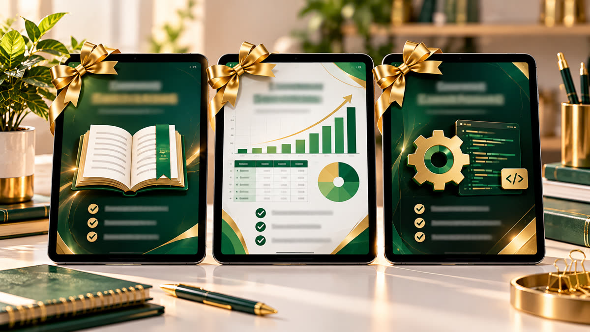Tres tablets con lazos dorados: guía de Excel, pack de fórmulas y gráficos, y curso de macros