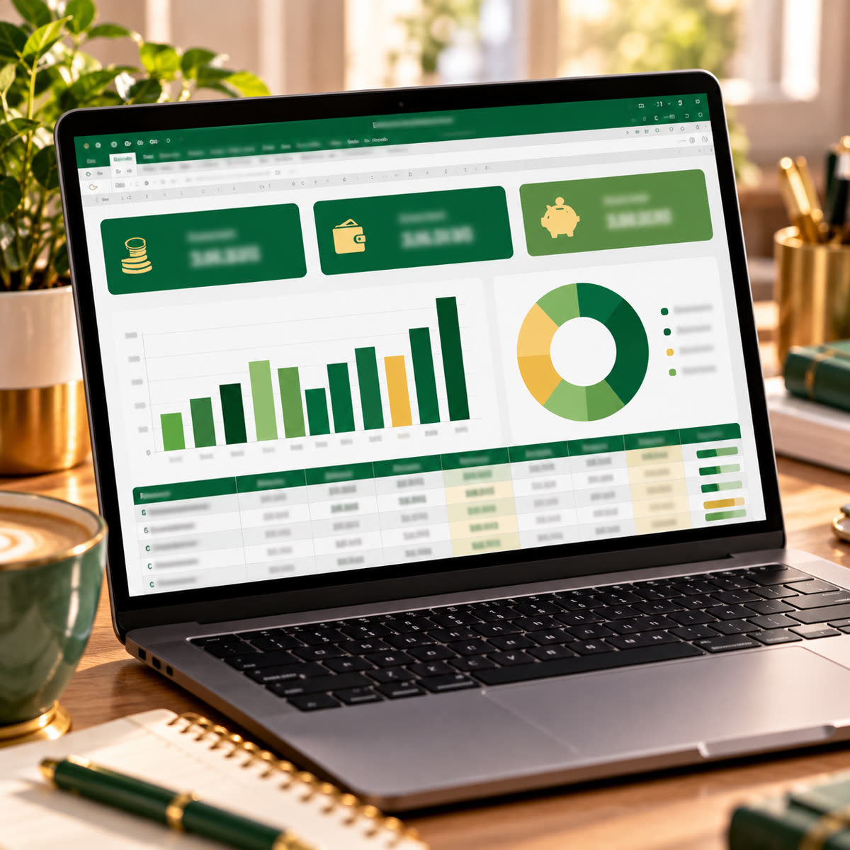 Dashboard financiero con tarjetas de resumen, gráfico de barras y gráfico circular