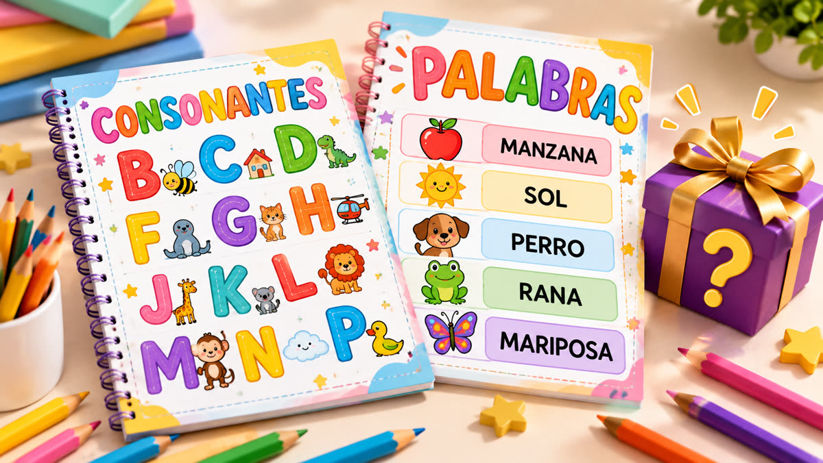 Cuadernillos de consonantes y de palabras junto a una caja de regalo sorpresa