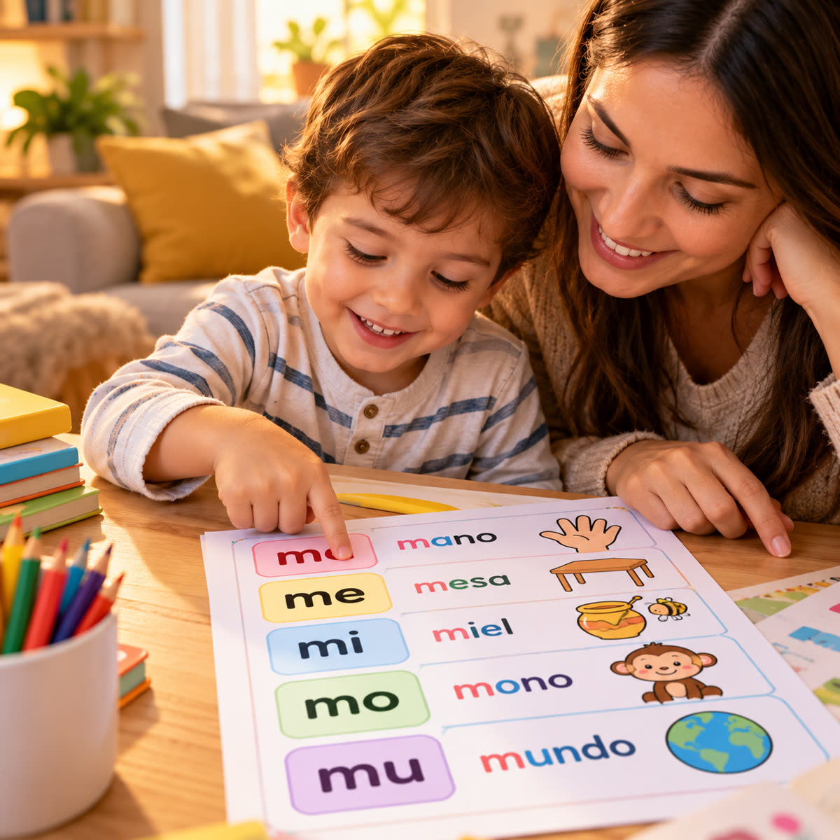 Niño señalando sílabas y palabras en una ficha de lectura junto a su mamá