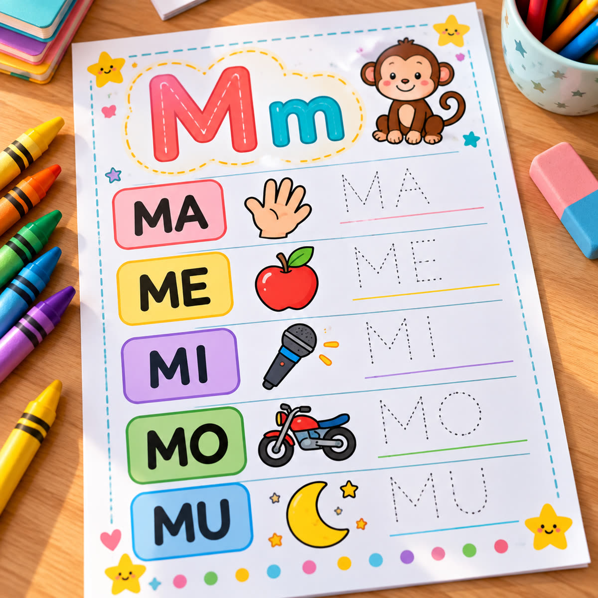 Ficha de sílabas MA, ME, MI, MO, MU con dibujos y sílabas punteadas