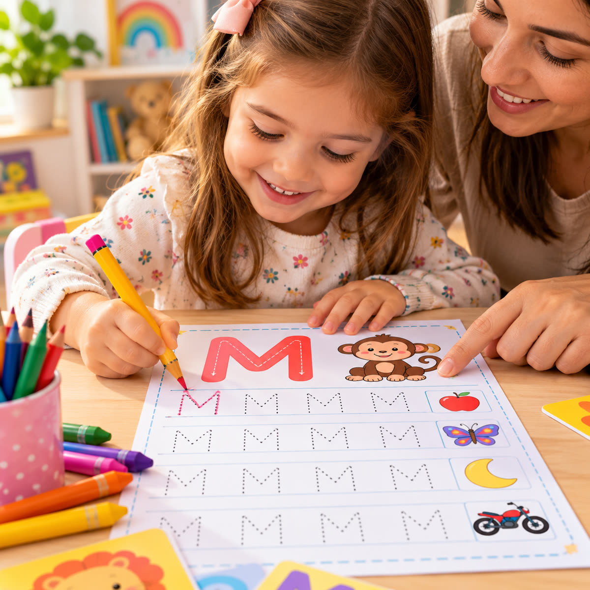 Niña sonriente repasando letras M punteadas junto a su mamá