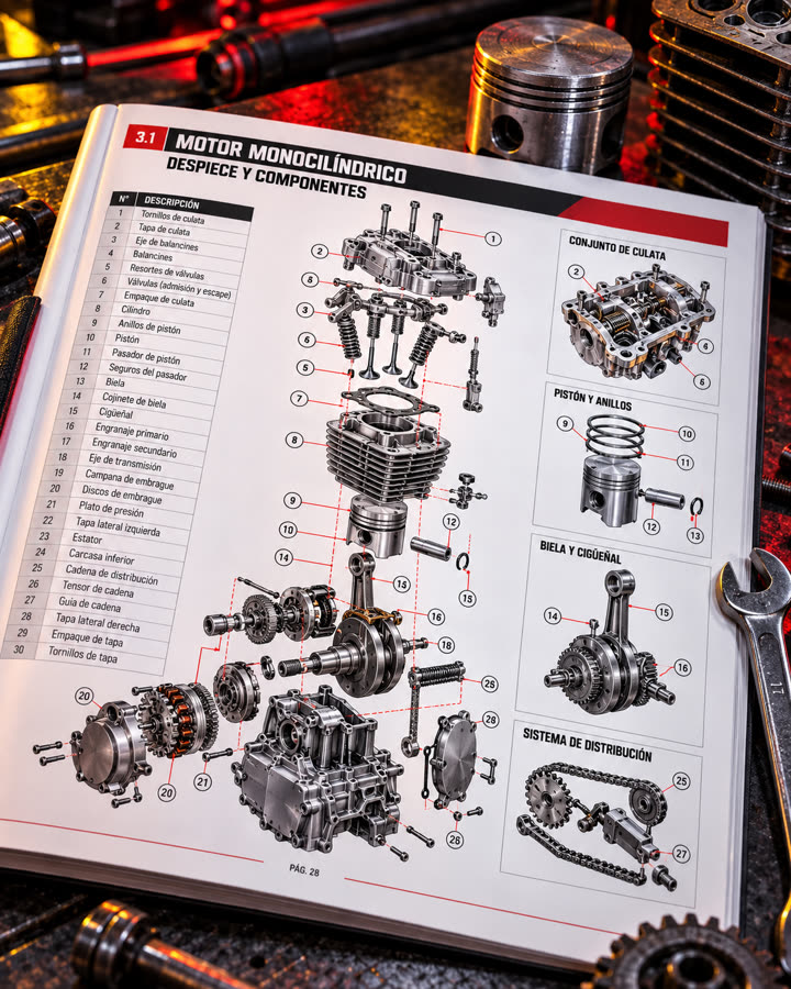Despiece de motor monocilíndrico con piezas numeradas