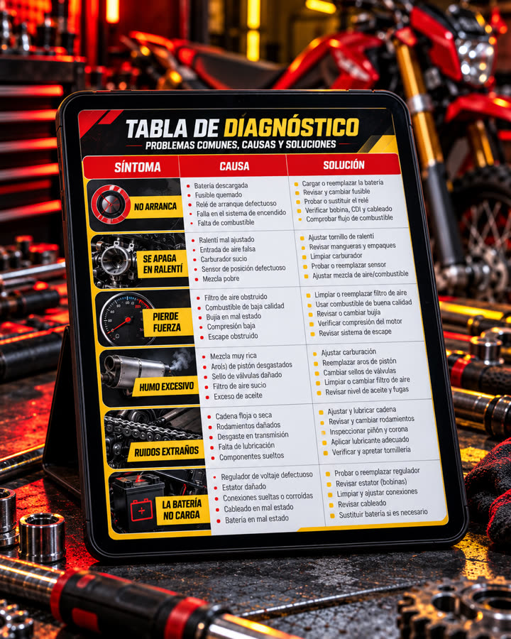 Tabla de diagnóstico con síntoma, causa y solución
