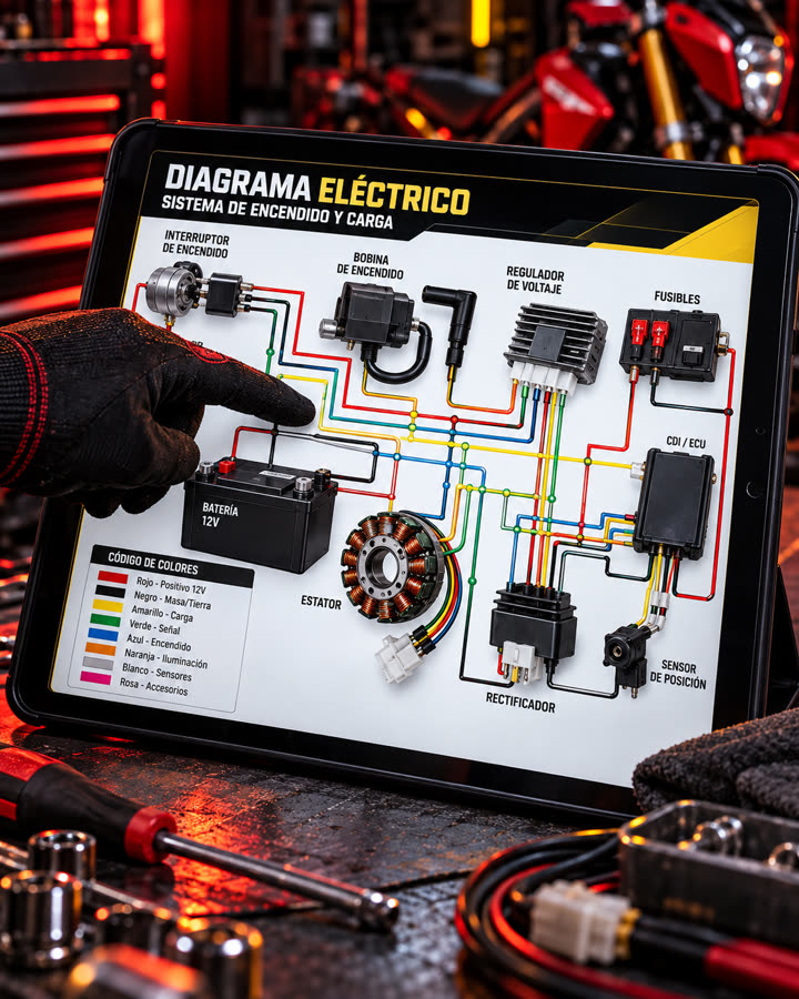 Diagrama eléctrico del sistema de encendido y carga con código de colores
