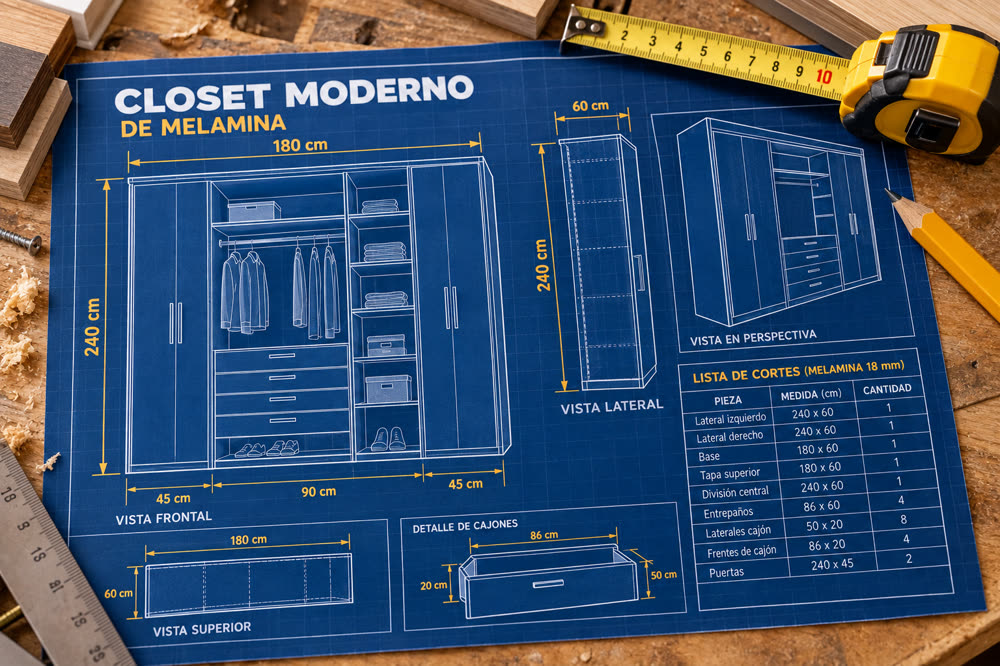Plano de closet moderno con vistas y lista de cortes