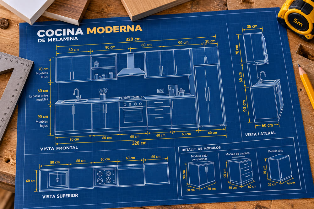 Plano de cocina moderna con muebles altos y bajos acotados
