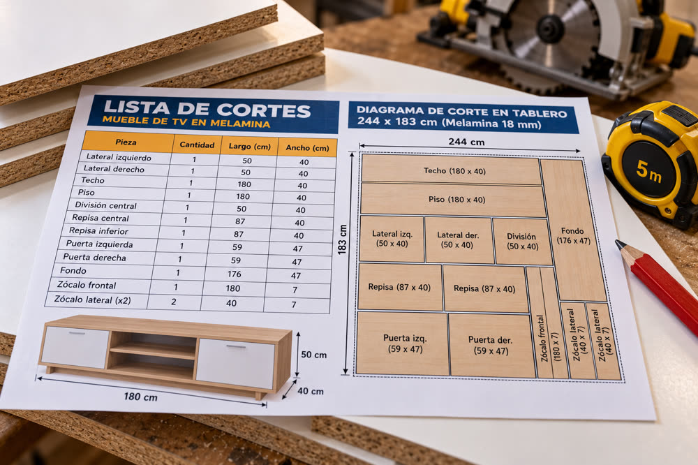 Lista de cortes y diagrama de corte en tablero de 244 x 183 cm