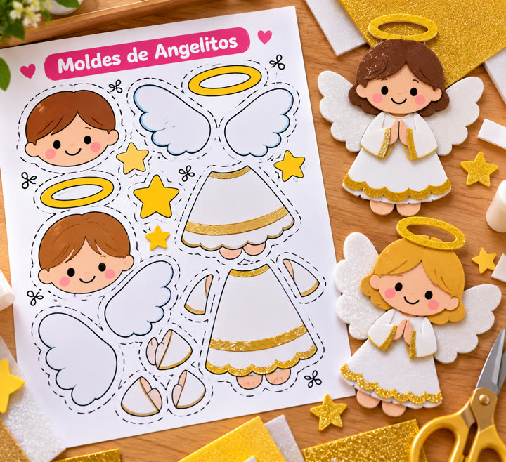 Hoja de moldes de angelitos junto a dos angelitos armados en foami