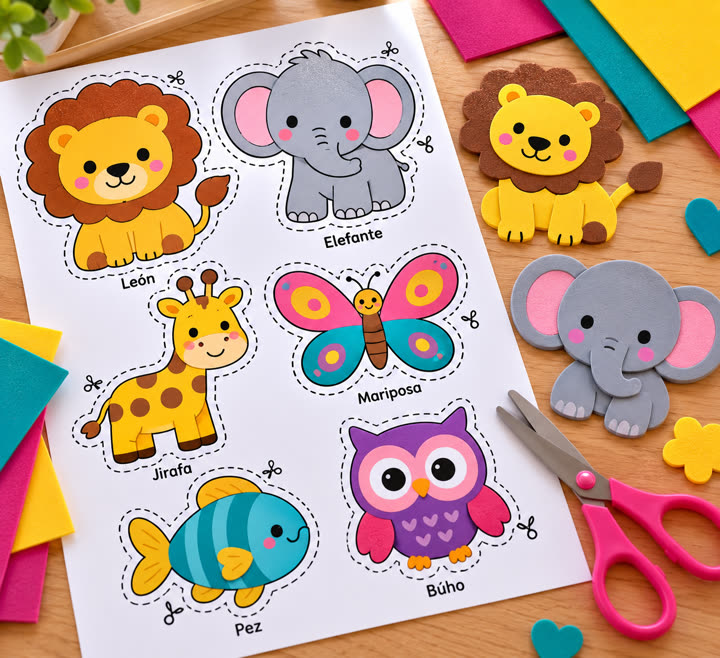Hoja de moldes de animales para recortar: león, elefante, jirafa, mariposa, pez y búho