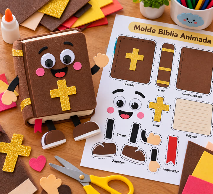 Biblia animada armada en foami junto a su molde impreso