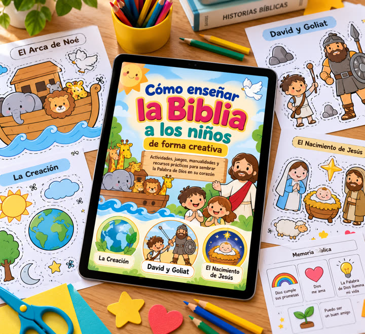 Tablet con la guía Cómo enseñar la Biblia a los niños de forma creativa y hojas de actividades