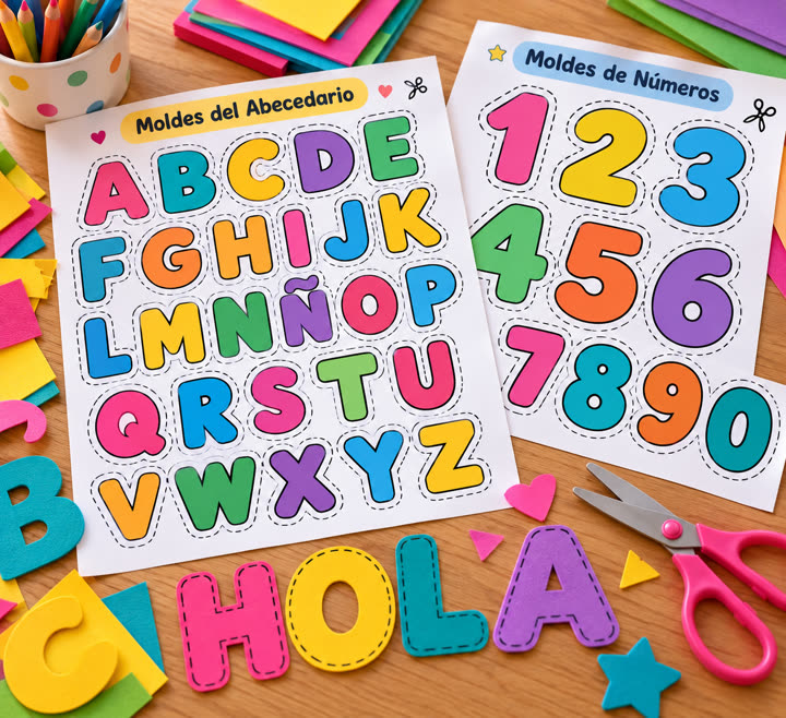 Moldes del abecedario y números con letras recortadas que forman HOLA