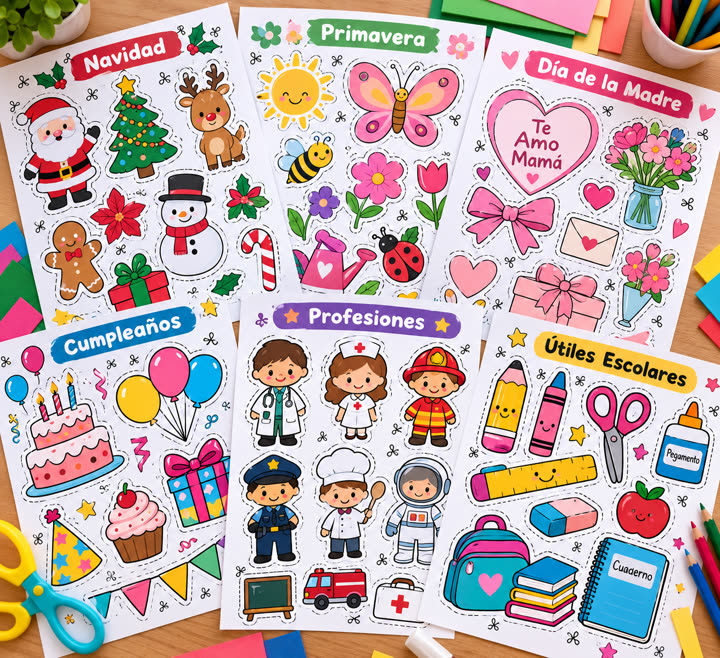 Hojas de moldes de Navidad, Primavera, Día de la Madre, Cumpleaños, Profesiones y Útiles escolares