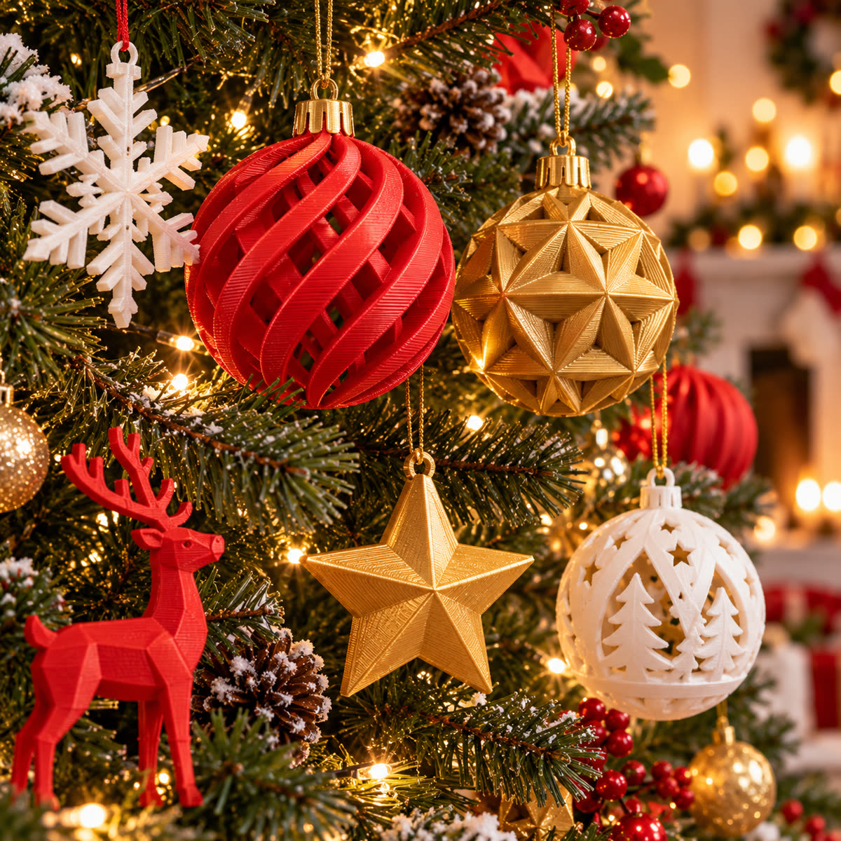 Esferas, estrellas y reno impresos en 3D colgados en un árbol de Navidad
