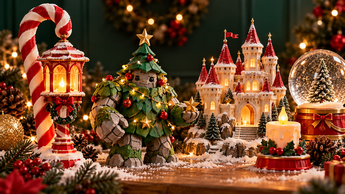 Farol de bastón de caramelo, golem árbol de Navidad, castillo, vela LED y bola de nieve impresos en 3D