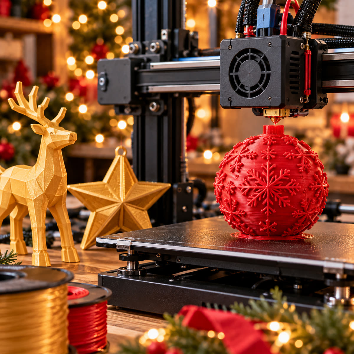 Impresora 3D imprimiendo una esfera navideña roja con copos de nieve