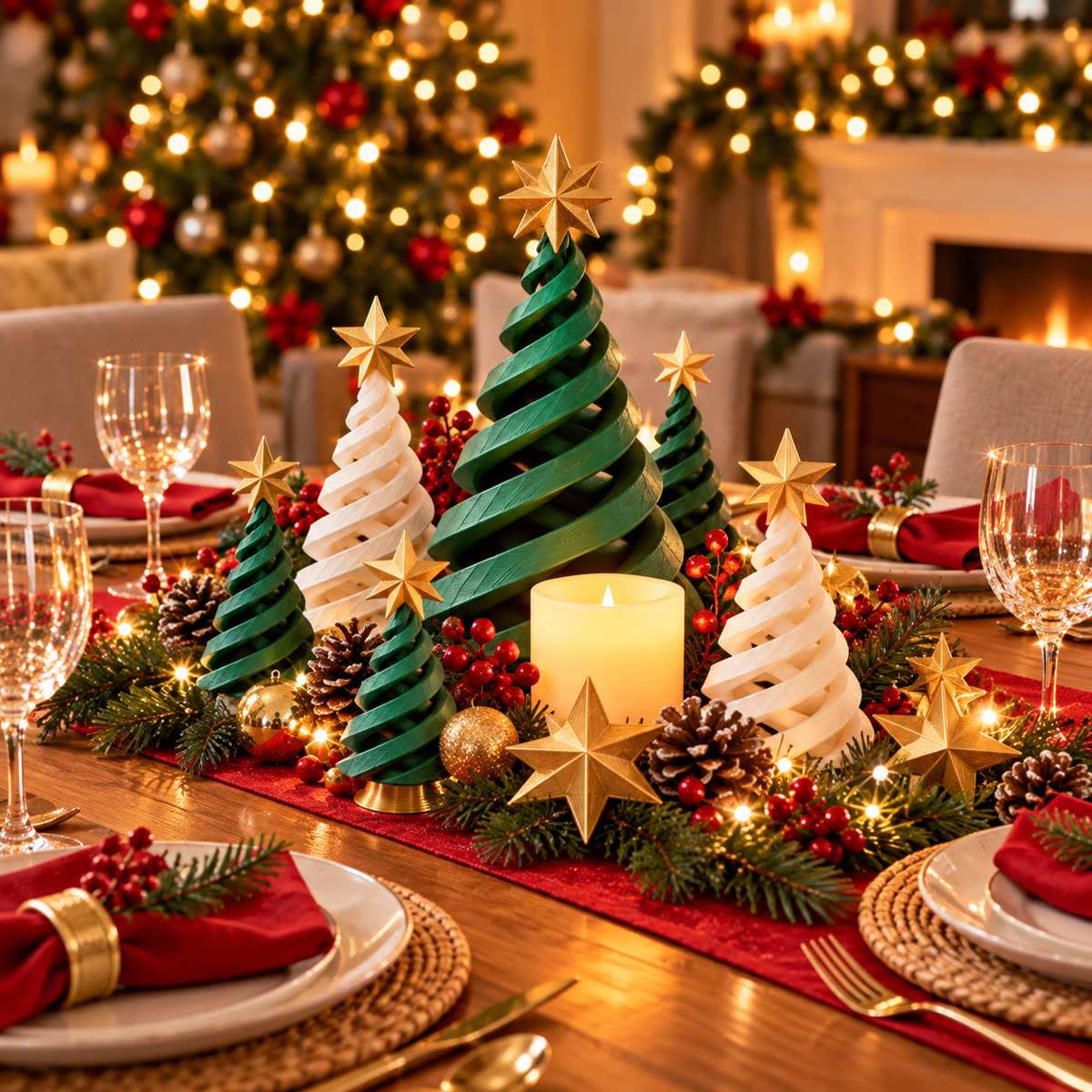 Centro de mesa navideño con pinos en espiral impresos en 3D
