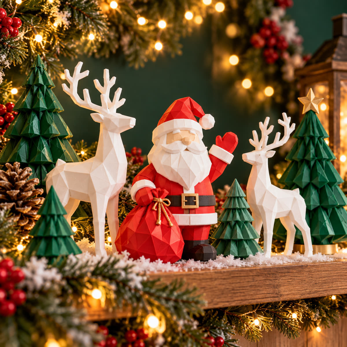 Papá Noel y renos geométricos impresos en 3D sobre una repisa