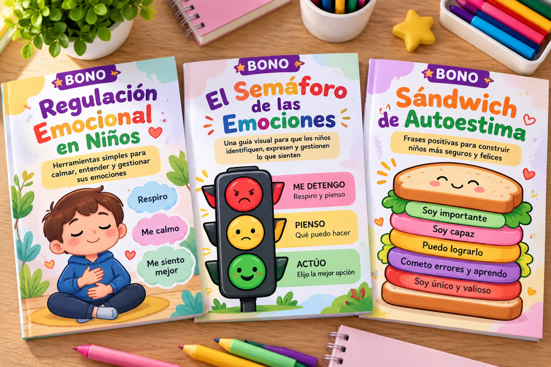 Portadas de los 3 bonos: Regulación Emocional en Niños, El Semáforo de las Emociones y Sándwich de Autoestima