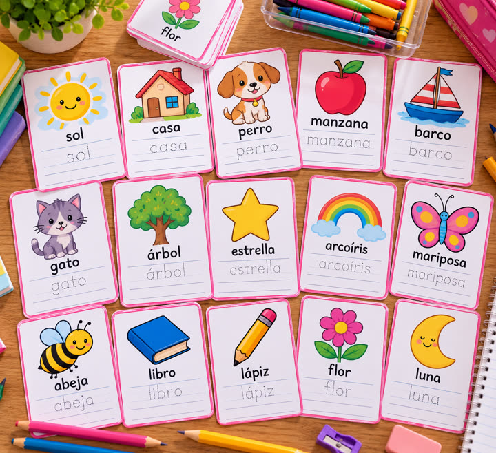 Tarjetas ilustradas con palabras para leer y repasar: sol, casa, perro, manzana