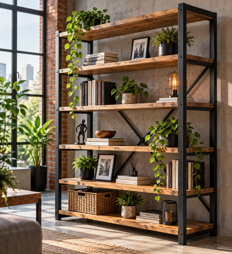 Estantería industrial de tubo negro y madera