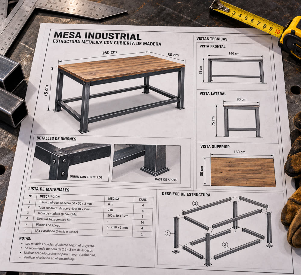 Plano de mesa industrial con vistas, lista de materiales y despiece