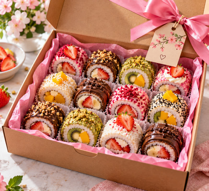 Caja con 12 piezas de sushi dulce lista para vender