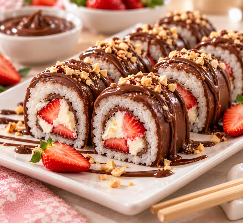 Rollos de sushi dulce bañados en chocolate