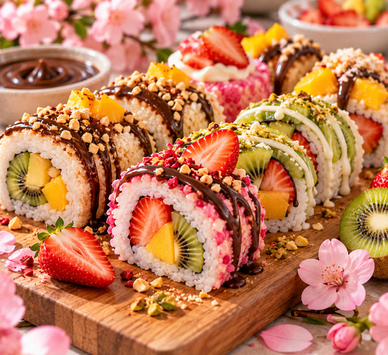Sushi dulce de frutas con chocolate y maní
