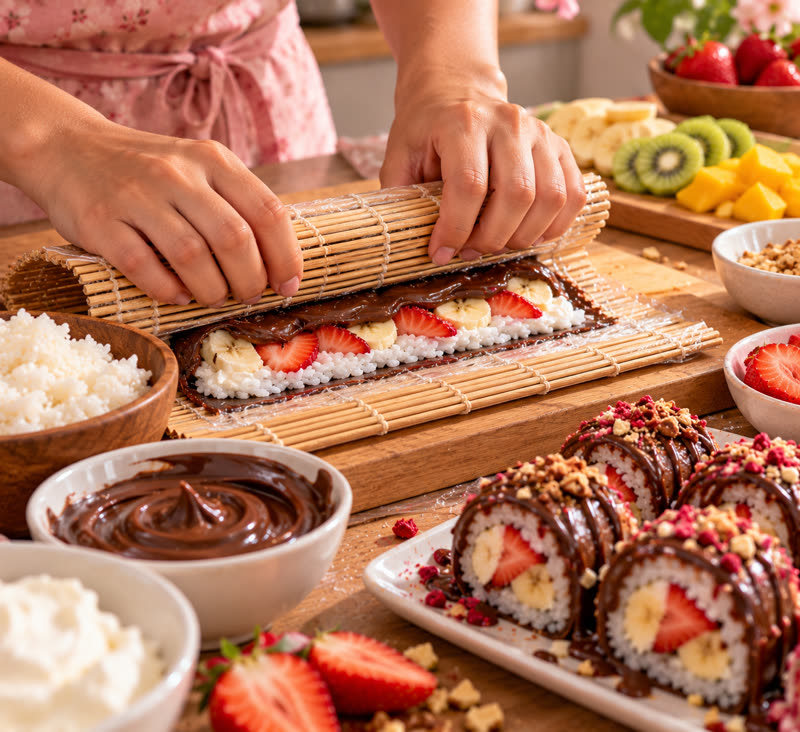 Manos enrollando sushi dulce con esterilla de bambú